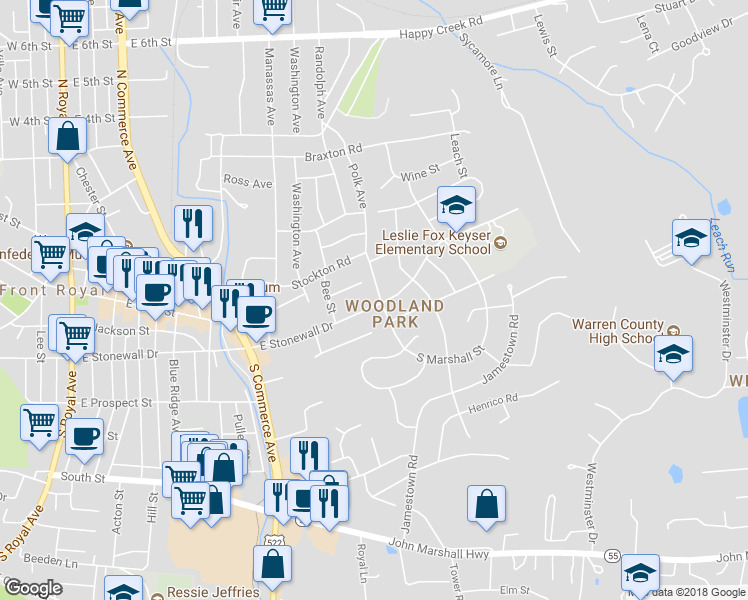 map of restaurants, bars, coffee shops, grocery stores, and more near 2 North Marshall Street in Front Royal