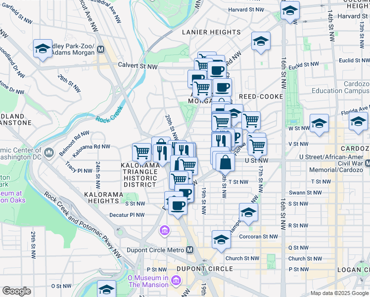 map of restaurants, bars, coffee shops, grocery stores, and more near 1954 Columbia Road Northwest in Washington