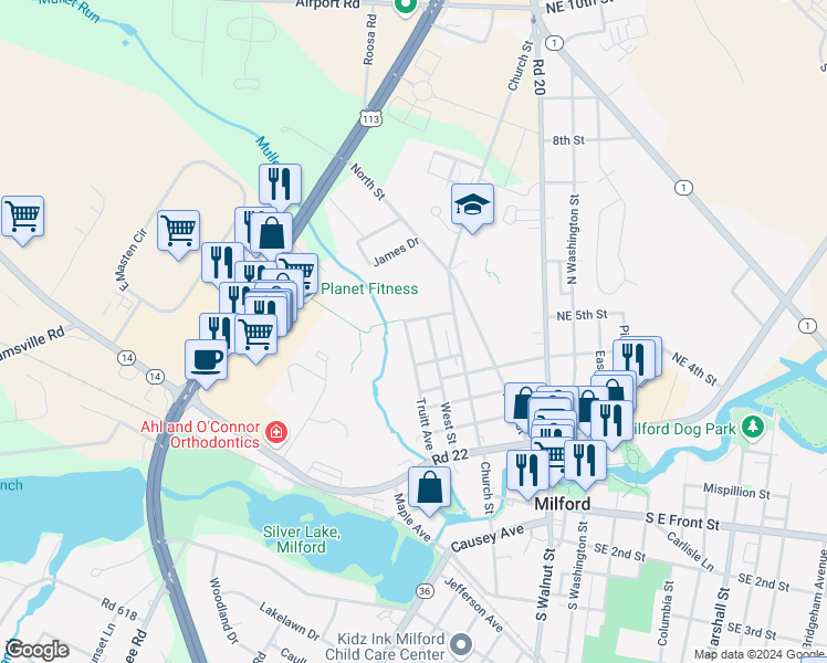 map of restaurants, bars, coffee shops, grocery stores, and more near 517 Truitt Avenue in Milford