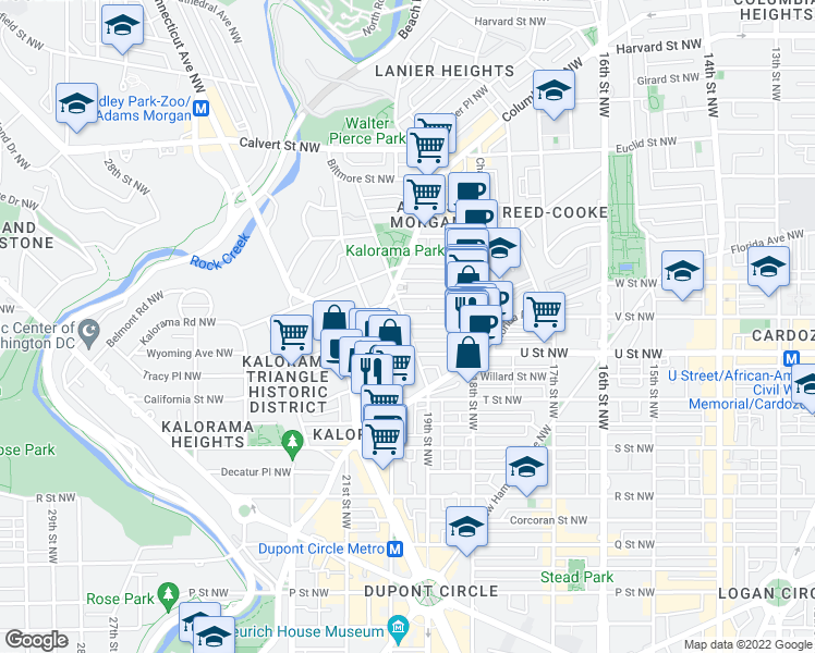 map of restaurants, bars, coffee shops, grocery stores, and more near 19th St NW & California St NW in Washington