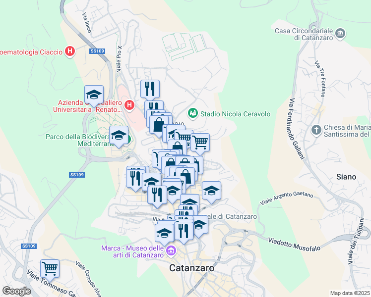 map of restaurants, bars, coffee shops, grocery stores, and more near 25 Via Romeo Domenico in Catanzaro