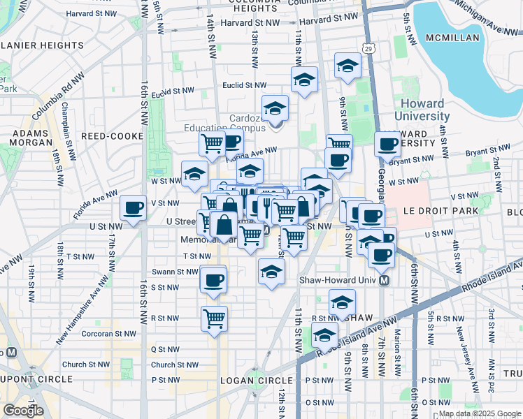 map of restaurants, bars, coffee shops, grocery stores, and more near 2029 13th Street Northwest in Washington