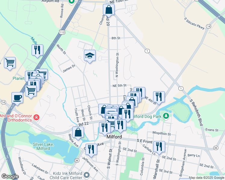 map of restaurants, bars, coffee shops, grocery stores, and more near 417 North Walnut Street in Milford
