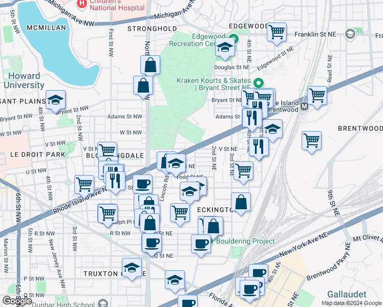 map of restaurants, bars, coffee shops, grocery stores, and more near 133 Rhode Island Avenue Northeast in Washington