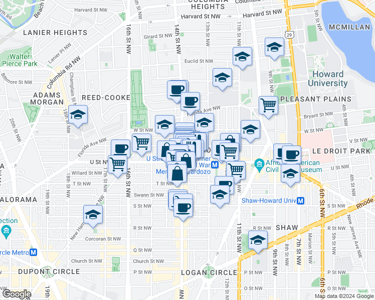 map of restaurants, bars, coffee shops, grocery stores, and more near 1390 V Street Northwest in Washington