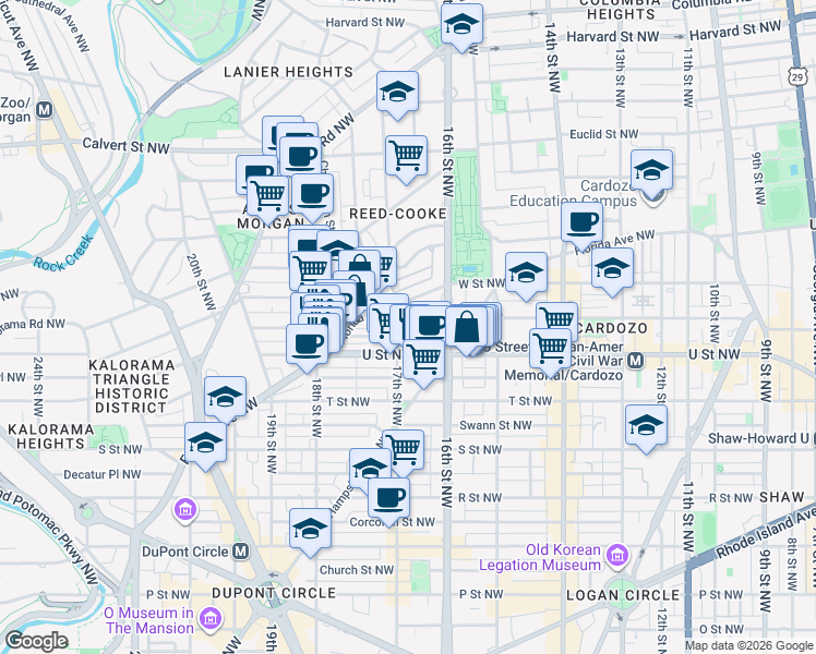 map of restaurants, bars, coffee shops, grocery stores, and more near 1620 V Street Northwest in Washington