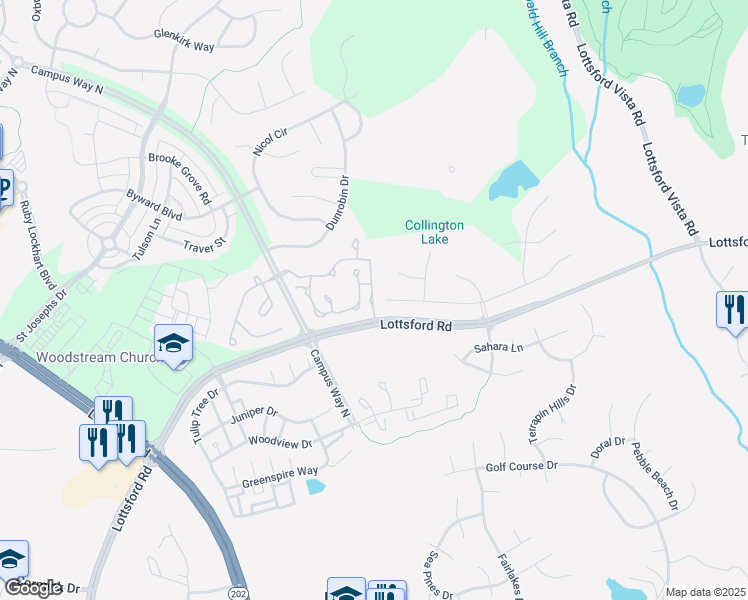 map of restaurants, bars, coffee shops, grocery stores, and more near 10450 Lottsford Road in Mitchellville