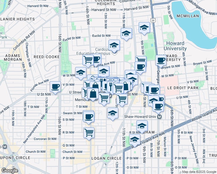 map of restaurants, bars, coffee shops, grocery stores, and more near 2029 13th Street Northwest in Washington