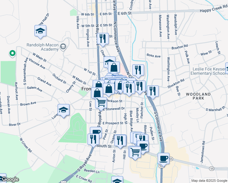 map of restaurants, bars, coffee shops, grocery stores, and more near 200 East Main Street in Front Royal