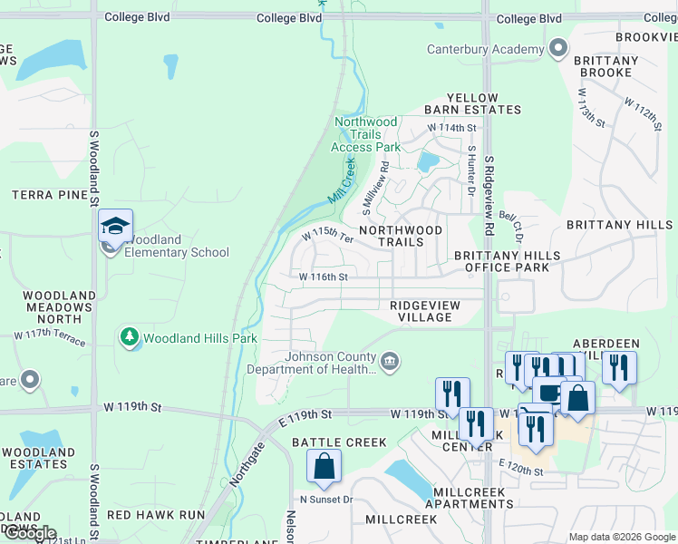 map of restaurants, bars, coffee shops, grocery stores, and more near 18885 West 116th Street in Olathe