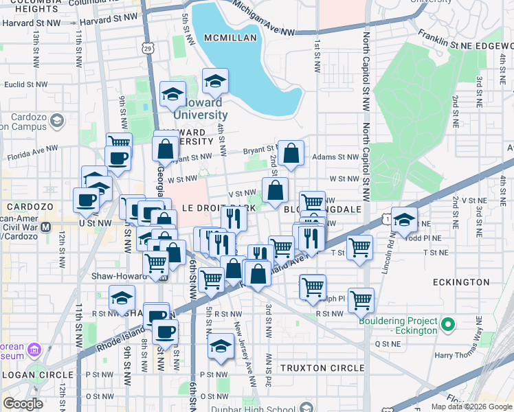 map of restaurants, bars, coffee shops, grocery stores, and more near 2025 3rd Street Northwest in Washington