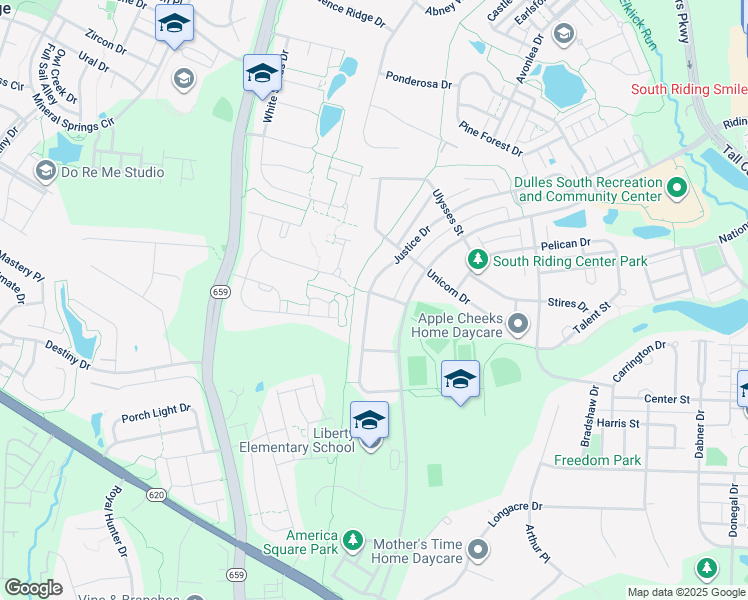 map of restaurants, bars, coffee shops, grocery stores, and more near 42341 Friendship Street in South Riding