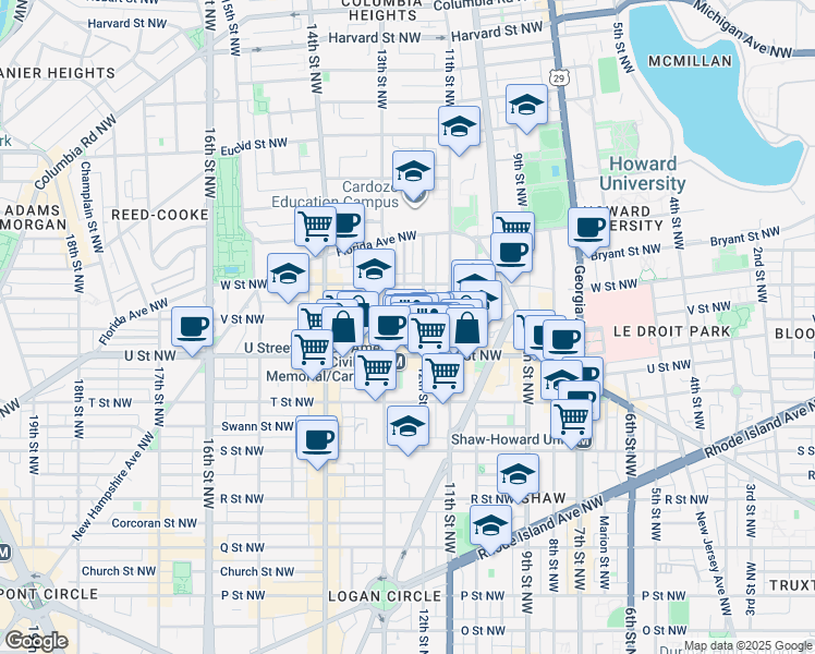 map of restaurants, bars, coffee shops, grocery stores, and more near 1210 V Street Northwest in Washington