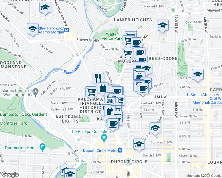 map of restaurants, bars, coffee shops, grocery stores, and more near 2012 Wyoming Avenue Northwest in Washington