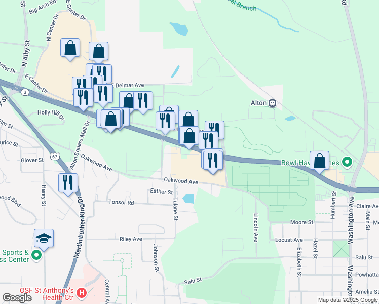 map of restaurants, bars, coffee shops, grocery stores, and more near 1781 Homer M Adams Parkway in Alton