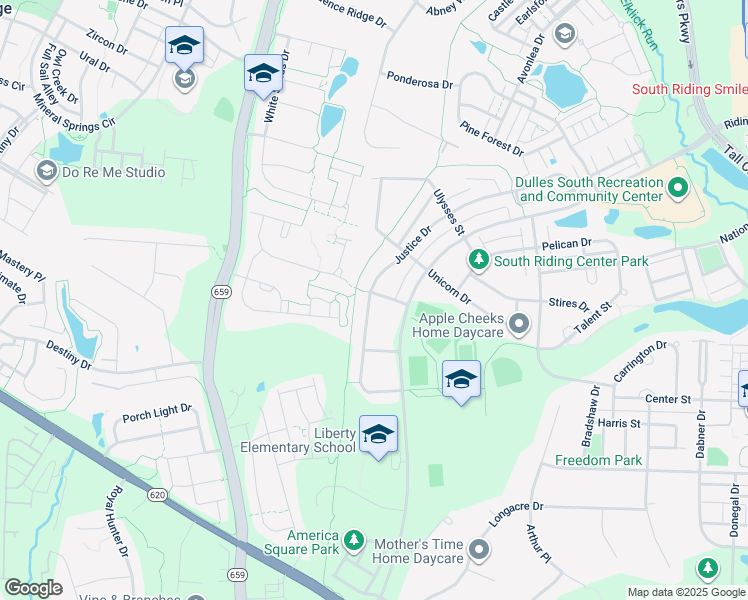 map of restaurants, bars, coffee shops, grocery stores, and more near 42341 Friendship Street in South Riding