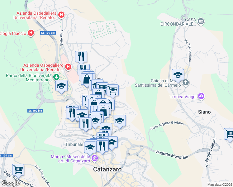 map of restaurants, bars, coffee shops, grocery stores, and more near Via Fratelli Plutino in Catanzaro