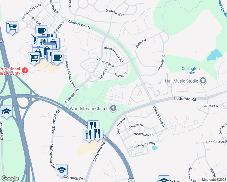map of restaurants, bars, coffee shops, grocery stores, and more near 9700 Ruby Lockhart Boulevard in Bowie