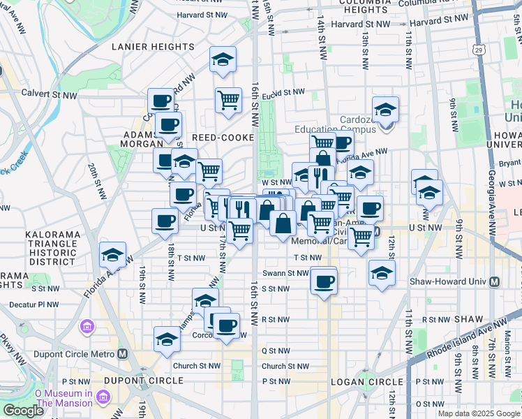 map of restaurants, bars, coffee shops, grocery stores, and more near 2001 16th Street Northwest in Washington