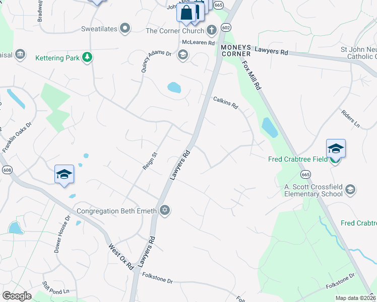 map of restaurants, bars, coffee shops, grocery stores, and more near Lawyers Road in Herndon