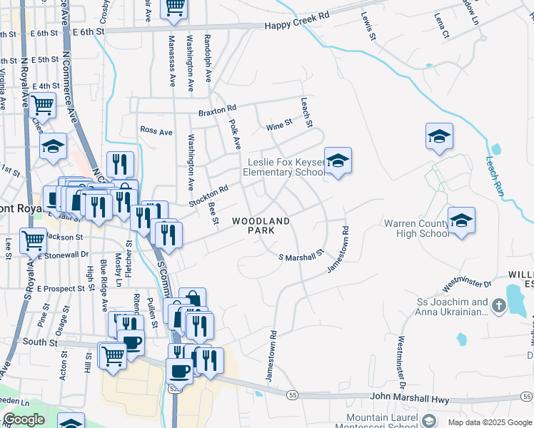 map of restaurants, bars, coffee shops, grocery stores, and more near 821 East Stonewall Drive in Front Royal