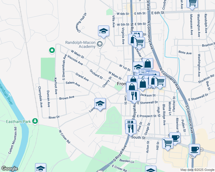 map of restaurants, bars, coffee shops, grocery stores, and more near 100 Cherry Street in Front Royal