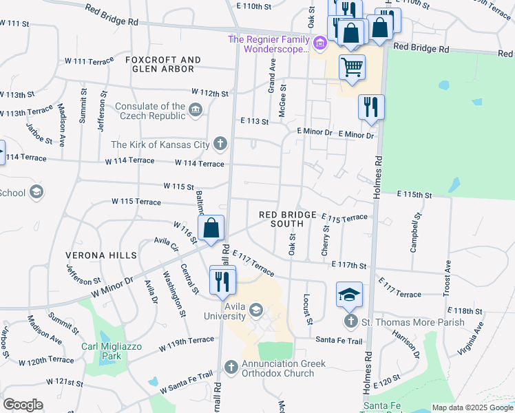 map of restaurants, bars, coffee shops, grocery stores, and more near 11608 Minor Drive in Kansas City