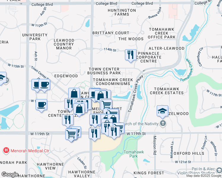 map of restaurants, bars, coffee shops, grocery stores, and more near 11626 Tomahawk Creek Parkway in Leawood