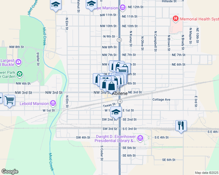map of restaurants, bars, coffee shops, grocery stores, and more near 110 Northwest 3rd Street in Abilene