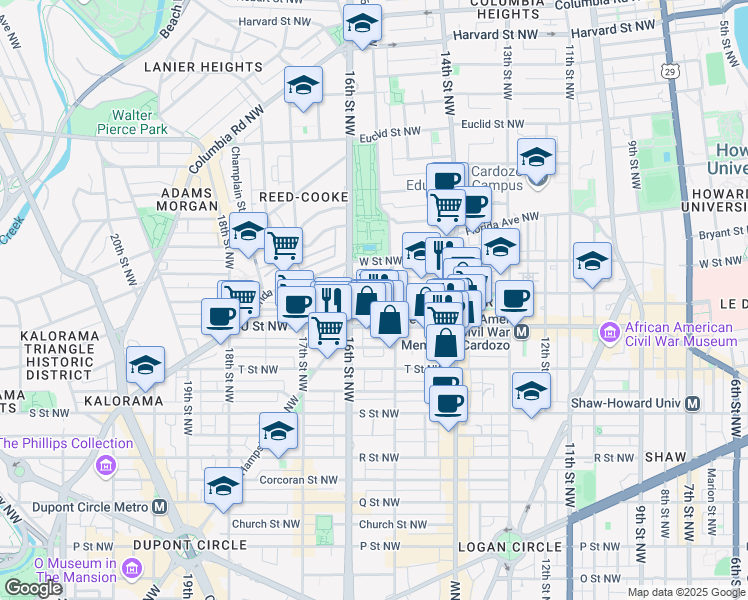 map of restaurants, bars, coffee shops, grocery stores, and more near 2039 New Hampshire Avenue Northwest in Washington