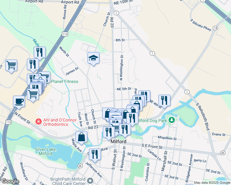 map of restaurants, bars, coffee shops, grocery stores, and more near 417 North Walnut Street in Milford