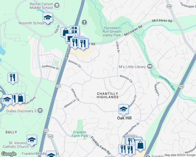 map of restaurants, bars, coffee shops, grocery stores, and more near 3150 Kinross Circle in Herndon