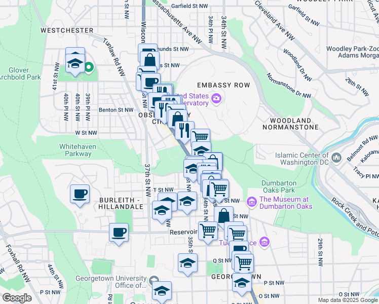 map of restaurants, bars, coffee shops, grocery stores, and more near 2141 Wisconsin Avenue Northwest in Washington