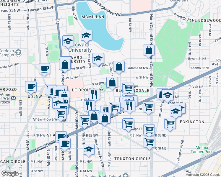 map of restaurants, bars, coffee shops, grocery stores, and more near 211 Elm Street Northwest in Washington