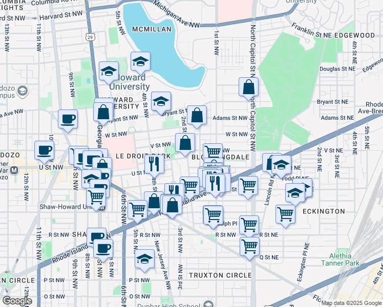 map of restaurants, bars, coffee shops, grocery stores, and more near 150 V Street Northwest in Washington