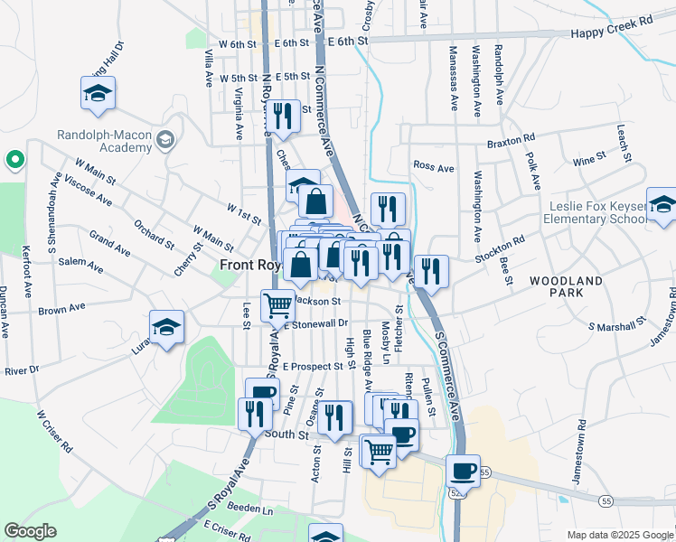 map of restaurants, bars, coffee shops, grocery stores, and more near 10 Chester Street in Front Royal