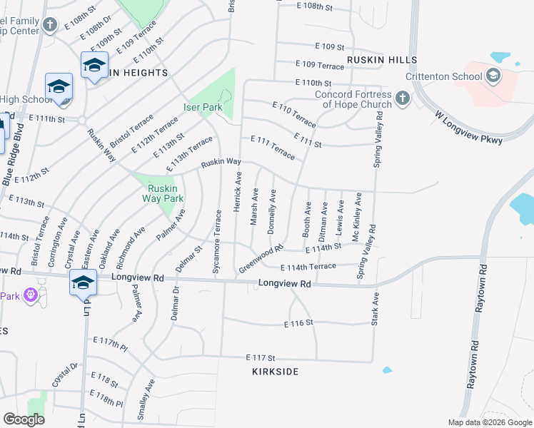 map of restaurants, bars, coffee shops, grocery stores, and more near 11311 Donnelly Avenue in Kansas City