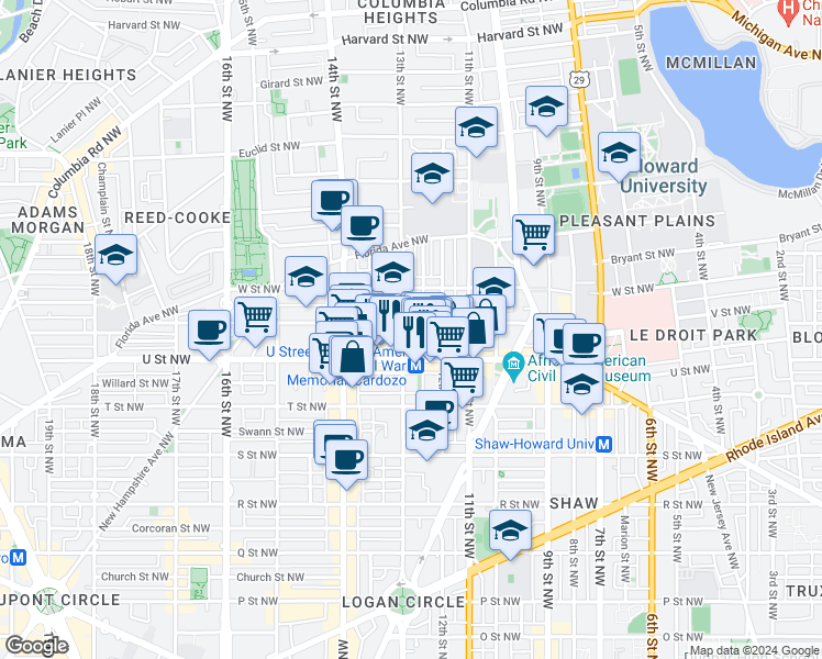 map of restaurants, bars, coffee shops, grocery stores, and more near 2033 13th Street Northwest in Washington