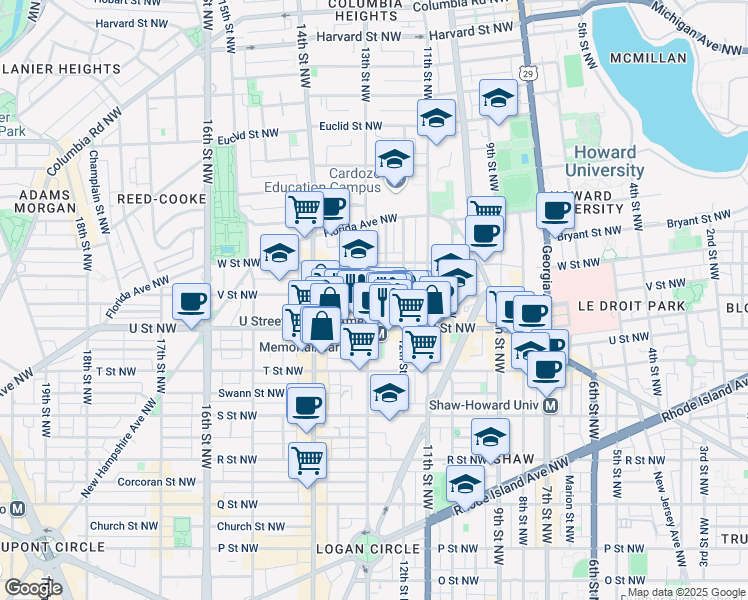 map of restaurants, bars, coffee shops, grocery stores, and more near 2033 13th Street Northwest in Washington