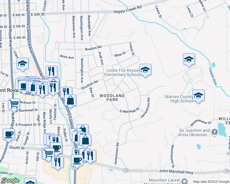 map of restaurants, bars, coffee shops, grocery stores, and more near 821 East Stonewall Drive in Front Royal