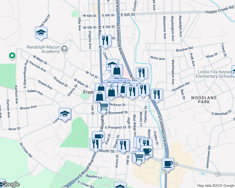 map of restaurants, bars, coffee shops, grocery stores, and more near 202 East Main Street in Front Royal
