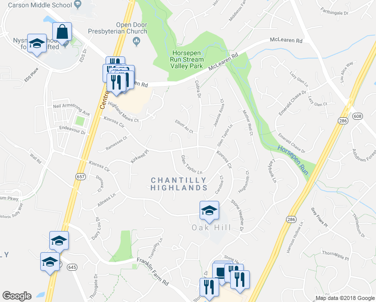 map of restaurants, bars, coffee shops, grocery stores, and more near 3149 Kinross Circle in Herndon