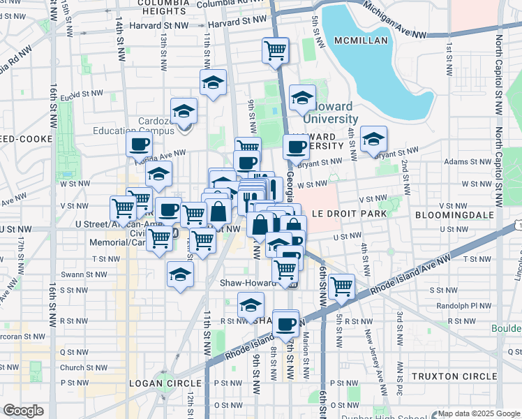 map of restaurants, bars, coffee shops, grocery stores, and more near 815 V Street Northwest in Washington