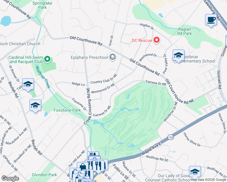 map of restaurants, bars, coffee shops, grocery stores, and more near 930 Fairway Drive Northeast in Vienna