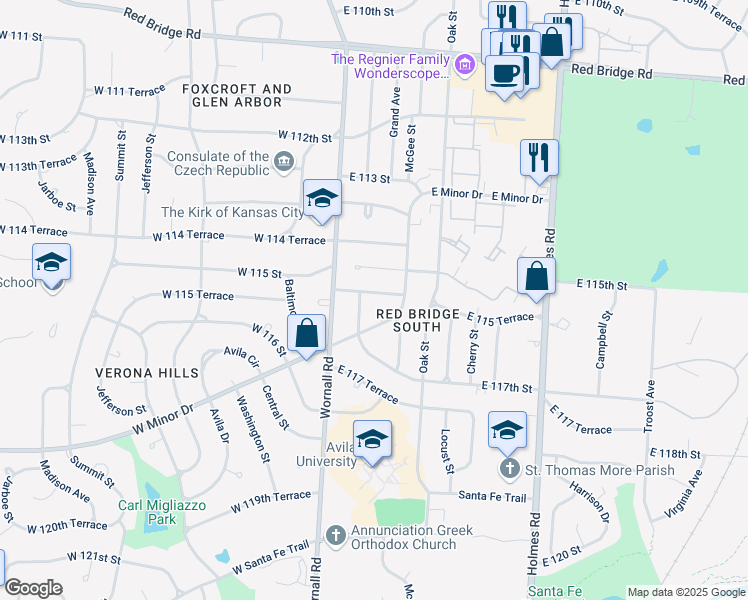 map of restaurants, bars, coffee shops, grocery stores, and more near 11608 Minor Drive in Kansas City
