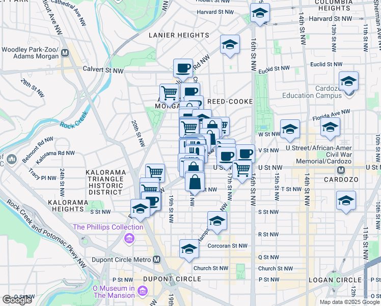 map of restaurants, bars, coffee shops, grocery stores, and more near 1807 California Street Northwest in Washington
