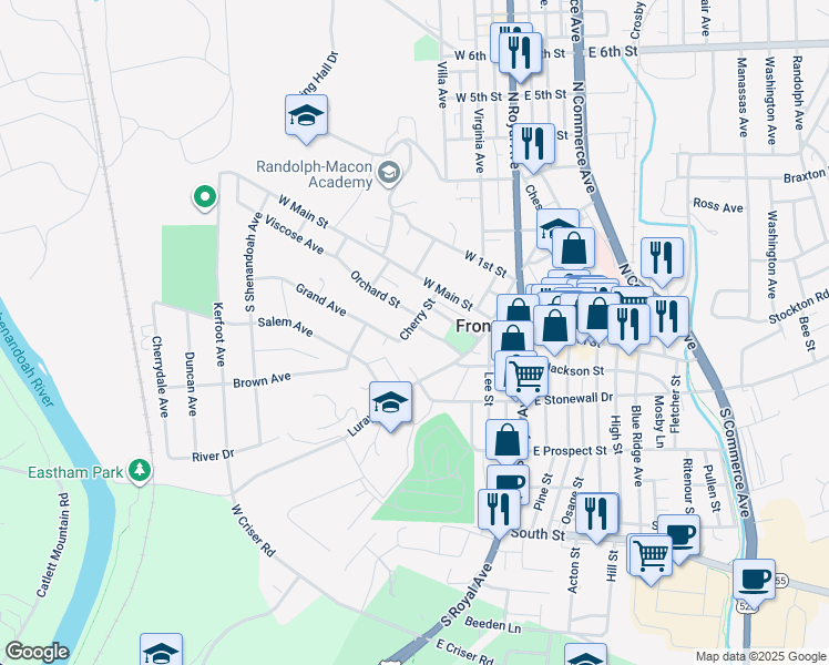 map of restaurants, bars, coffee shops, grocery stores, and more near 150 Sherwood Avenue in Front Royal