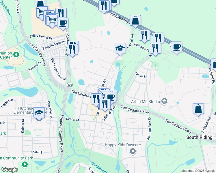 map of restaurants, bars, coffee shops, grocery stores, and more near 25300 Lake Mist Square in Chantilly