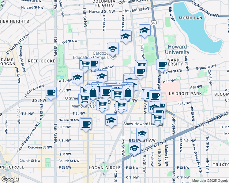 map of restaurants, bars, coffee shops, grocery stores, and more near 1210 V Street Northwest in Washington