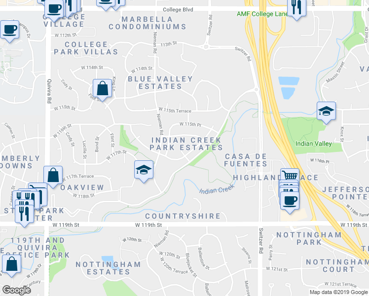 map of restaurants, bars, coffee shops, grocery stores, and more near 11625 Bluejacket Street in Overland Park